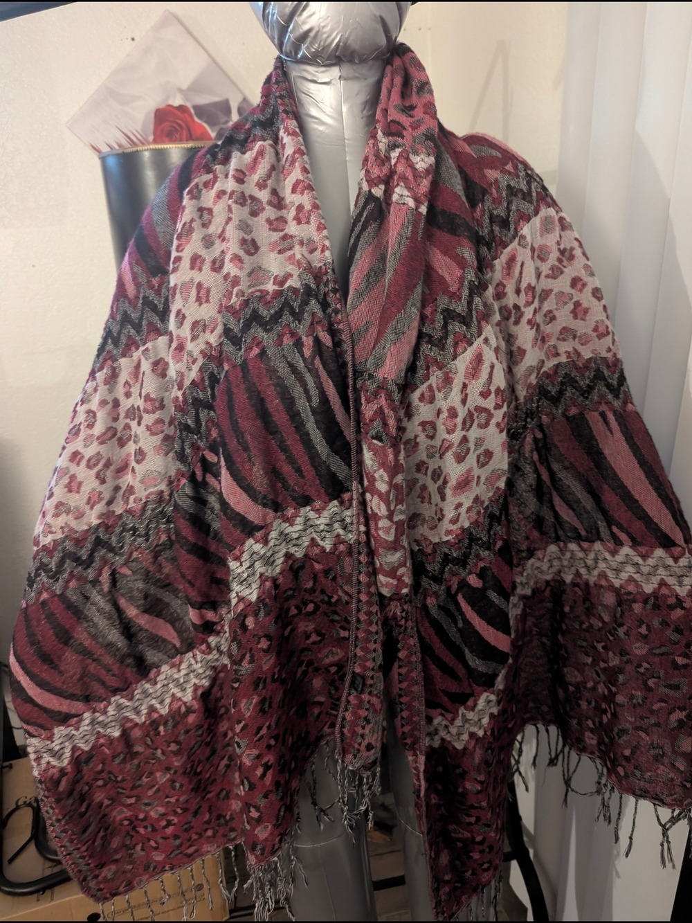Multicolor Animal Print Fringe Shawl - Pink, Black & Gray
